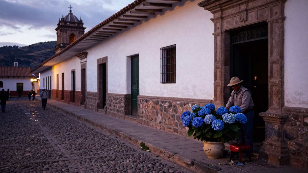 Twilight Street Scene in Cusco Peru with Hydrangeas and Stool in in Cusco, Peru