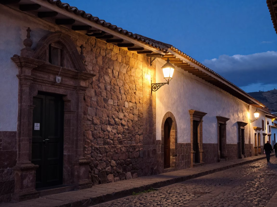 Twilight Street Scene in Cusco Peru with Lantern and Traditional Stone Architecture in in Cusco, Peru