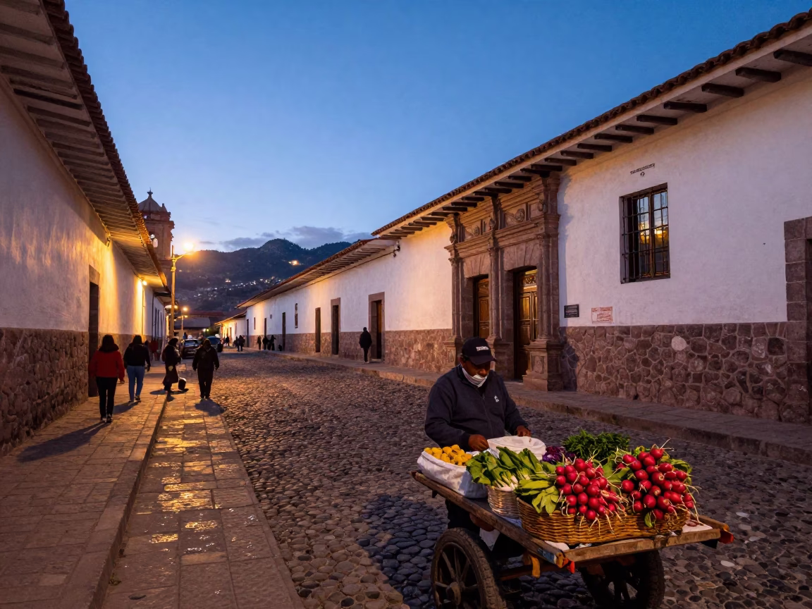 Twilight Street Scene in Cusco Peru With Local Market Goods And Traditional Architecture in in Cusco, Peru