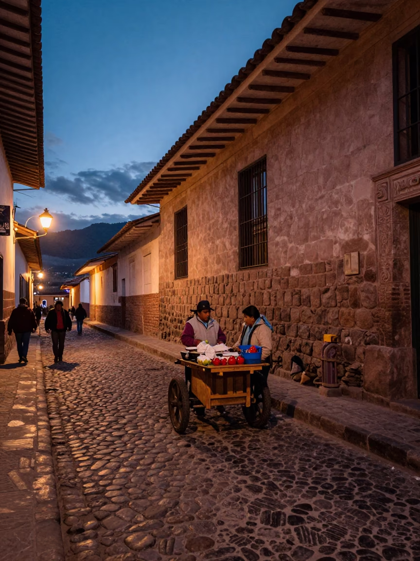 Twilight Street Scene in Cusco Peru with Local Market Vendor and Traditional Architecture in in Cusco, Peru
