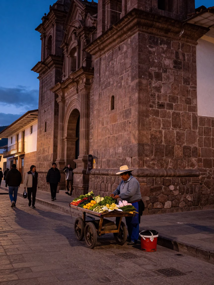 Twilight Street Scene in Cusco Peru with Local Vendor and Stone Architecture in in Cusco, Peru