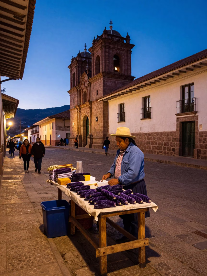 Twilight Street Scene in Cusco Peru with Local Vendor and Traditional Architecture in in Cusco, Peru