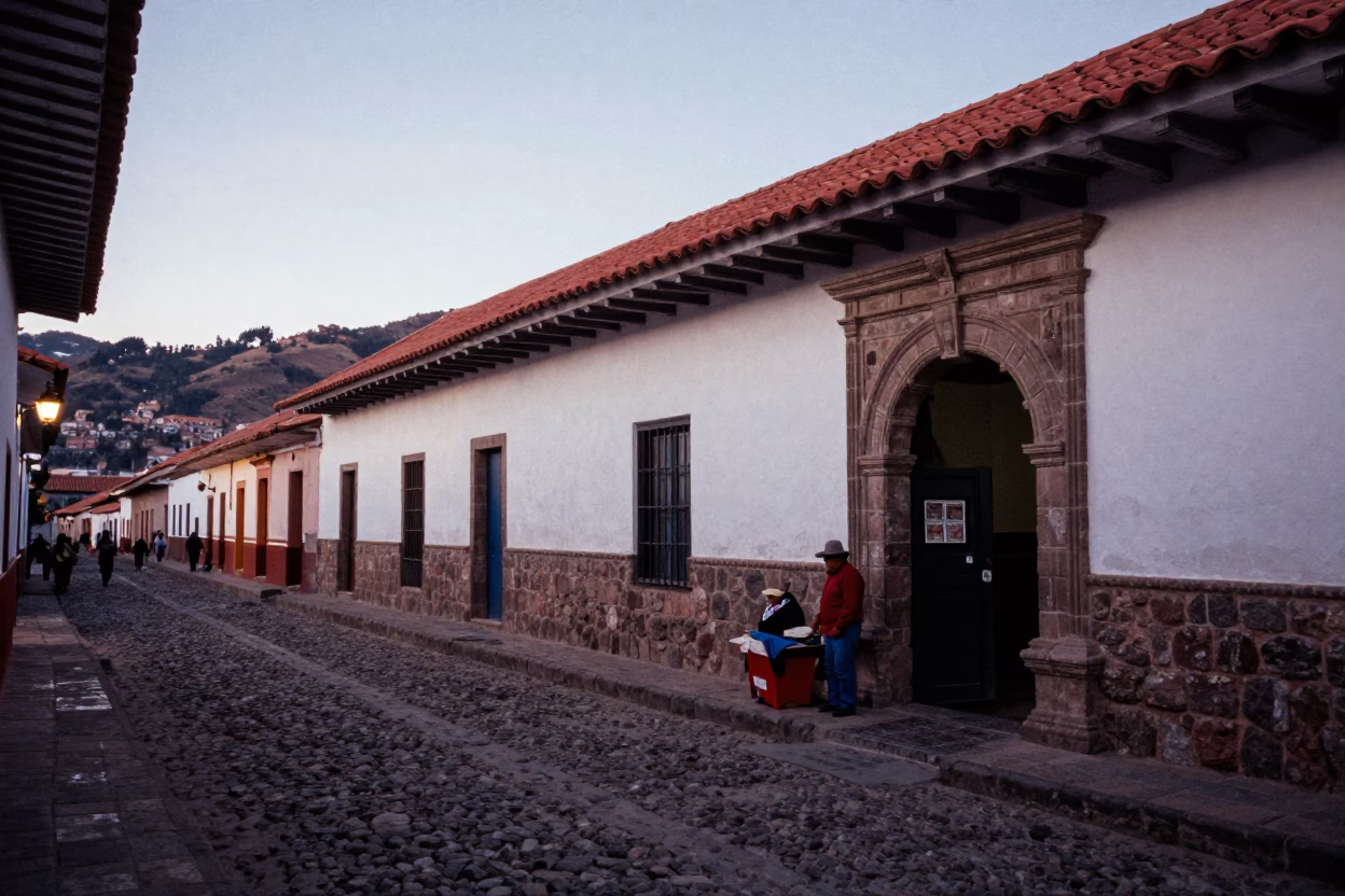 Twilight Street Scene in Cusco Peru With Local Vendor And Traditional Textiles in in Cusco, Peru