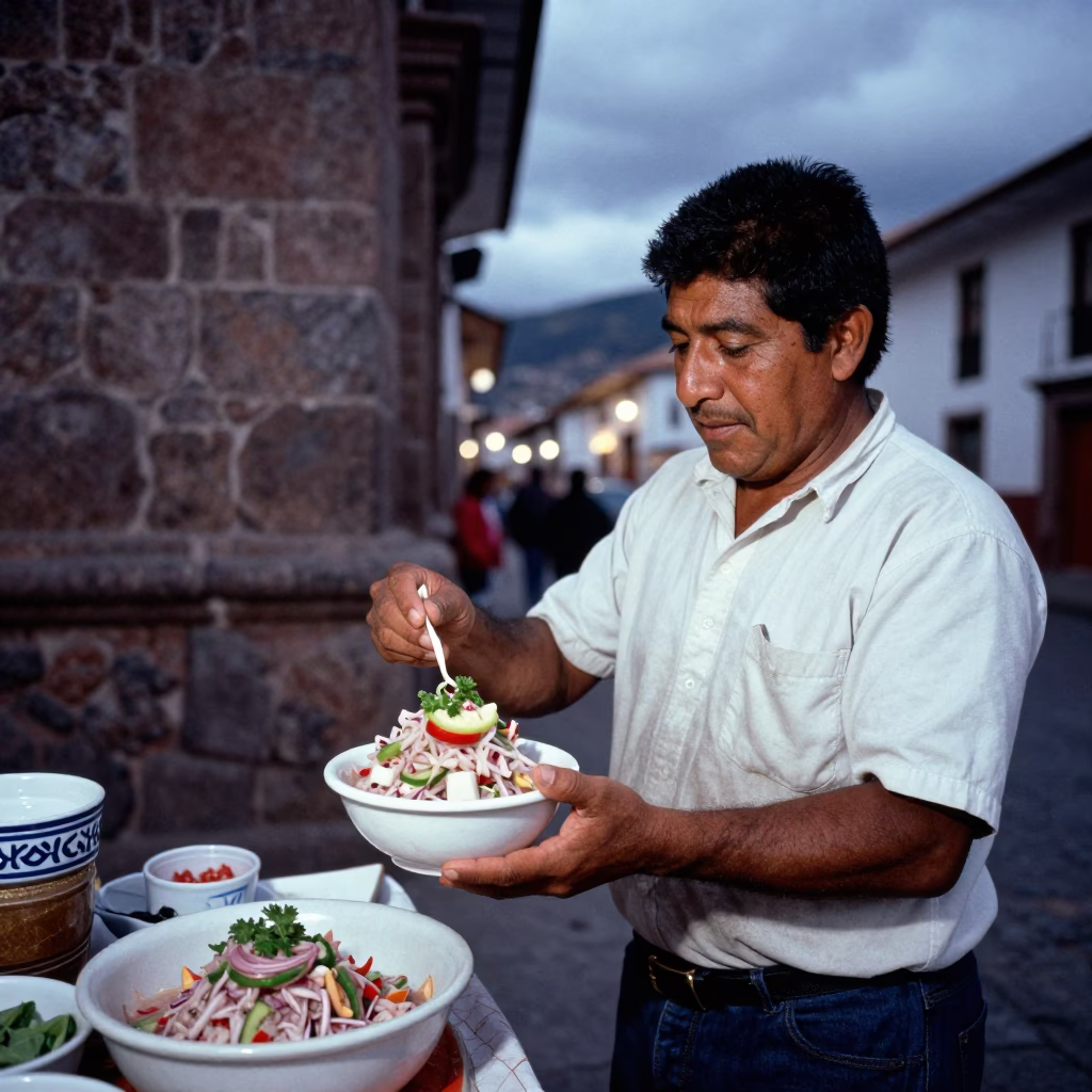 Twilight Street Scene in Cusco Peru with Local Vendor Selling Ceviche Bowl in in Cusco, Peru