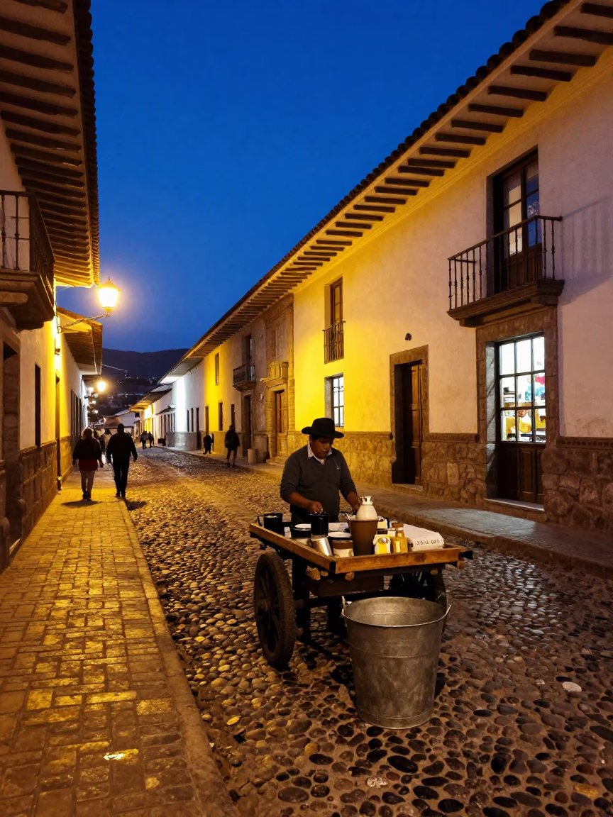 Twilight Street Scene in Cusco Peru with Metal Bucket and Work Gloves in in Cusco, Peru