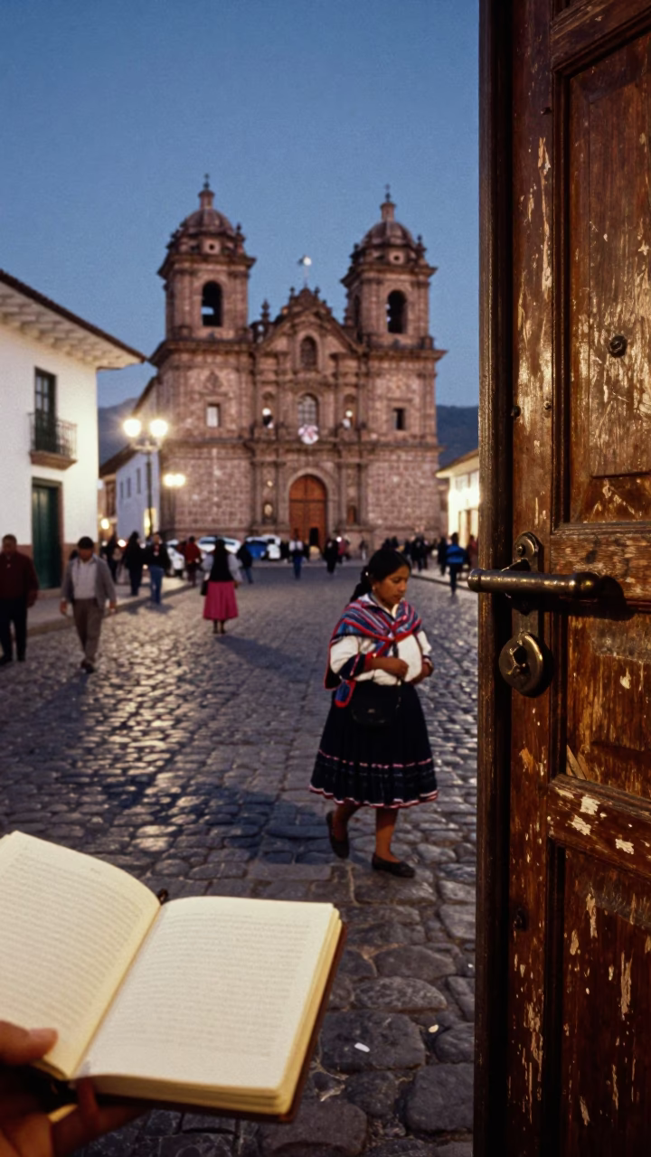 Twilight Street Scene in Cusco Peru With Notebook And Door Handle in in Cusco, Peru