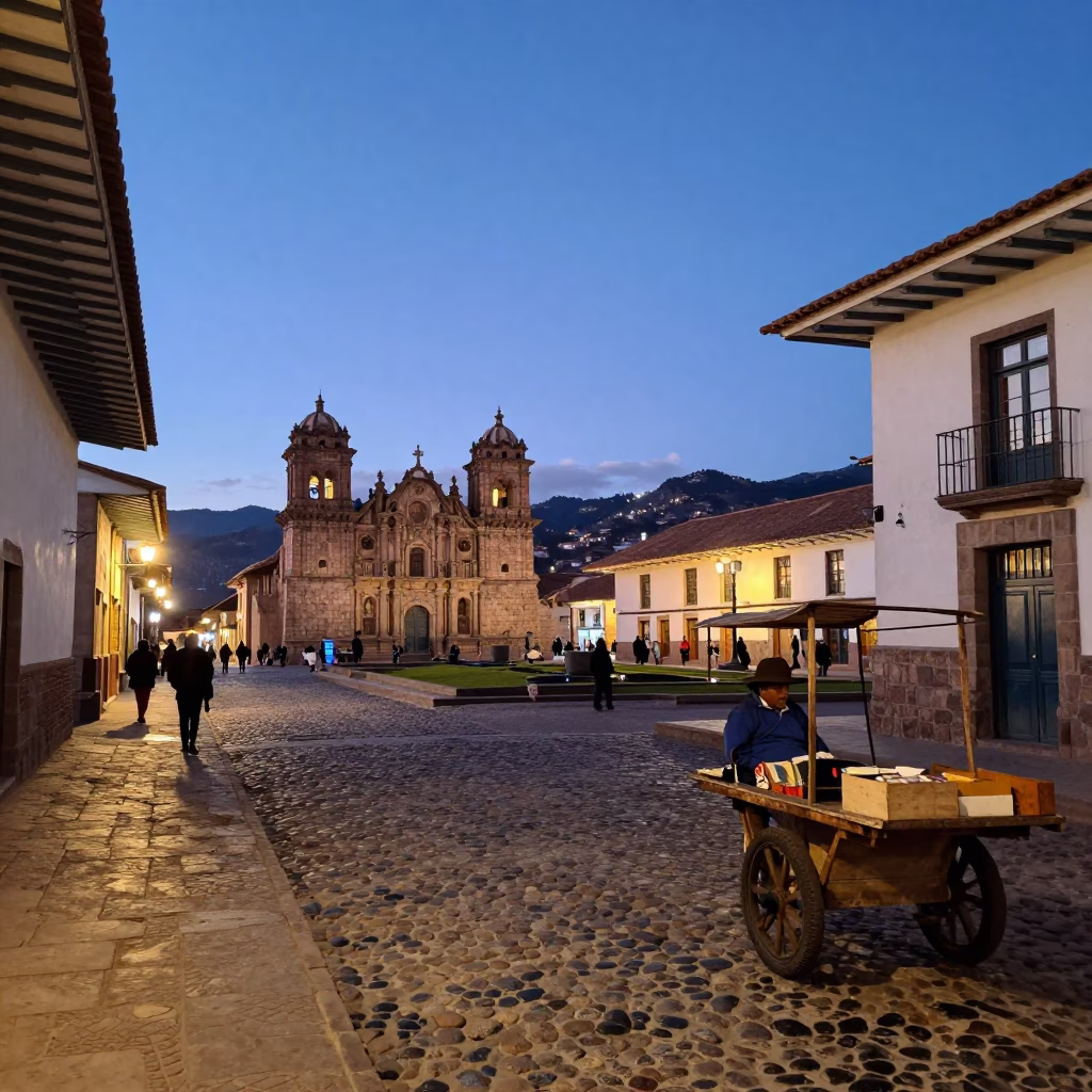 Twilight Street Scene in Cusco Peru with Stone Architecture and Local Life in in Cusco, Peru