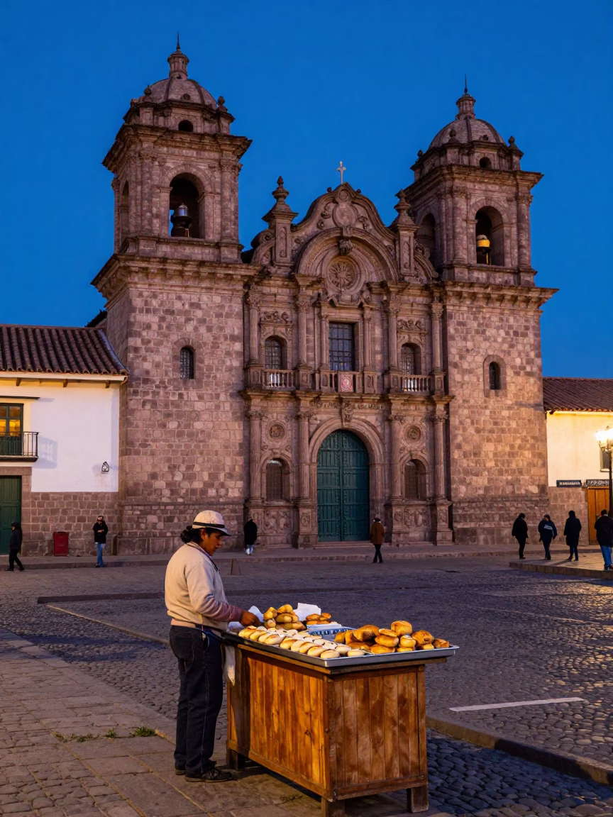 Twilight Street Scene in Cusco Peru with Stone Architecture and Local Market Activity in in Cusco, Peru