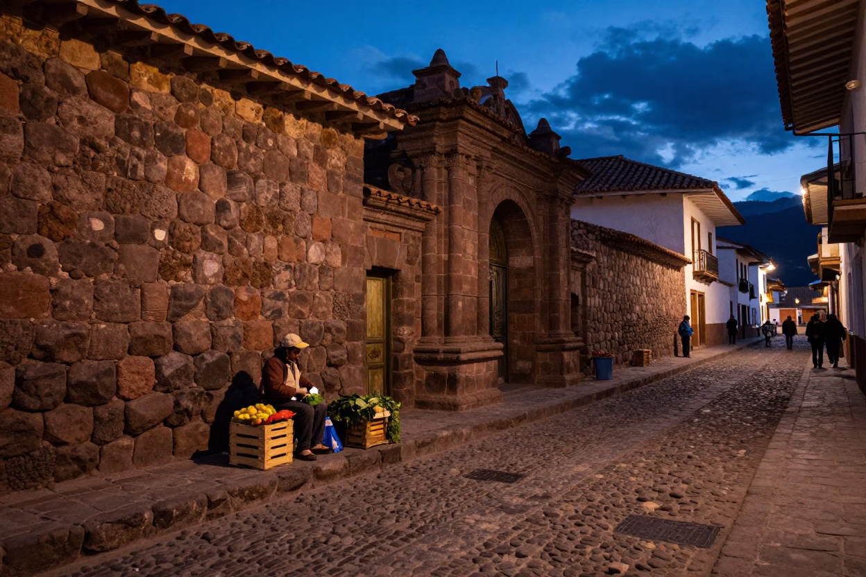 Twilight street scene in Cusco Peru with stone walls and local commerce in in Cusco, Peru