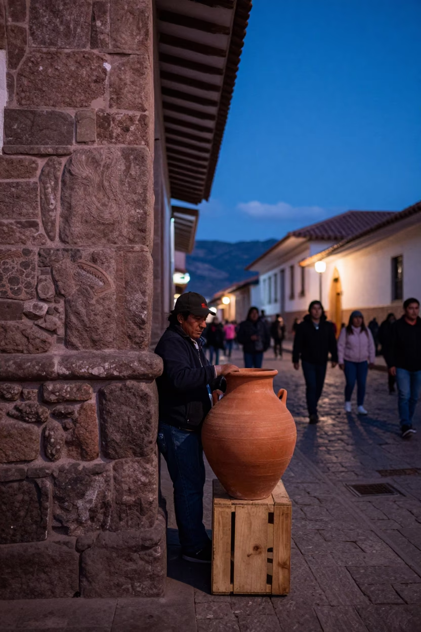 Twilight Street Scene in Cusco Peru with Terracotta Pot and Local Interaction in in Cusco, Peru