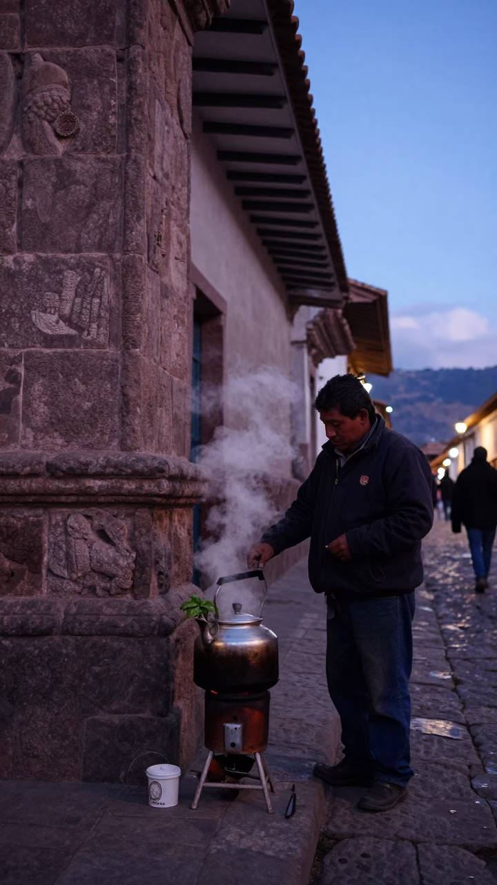 Twilight Street Scene in Cusco Peru with Traditional Kettle and Basil Leaves in in Cusco, Peru