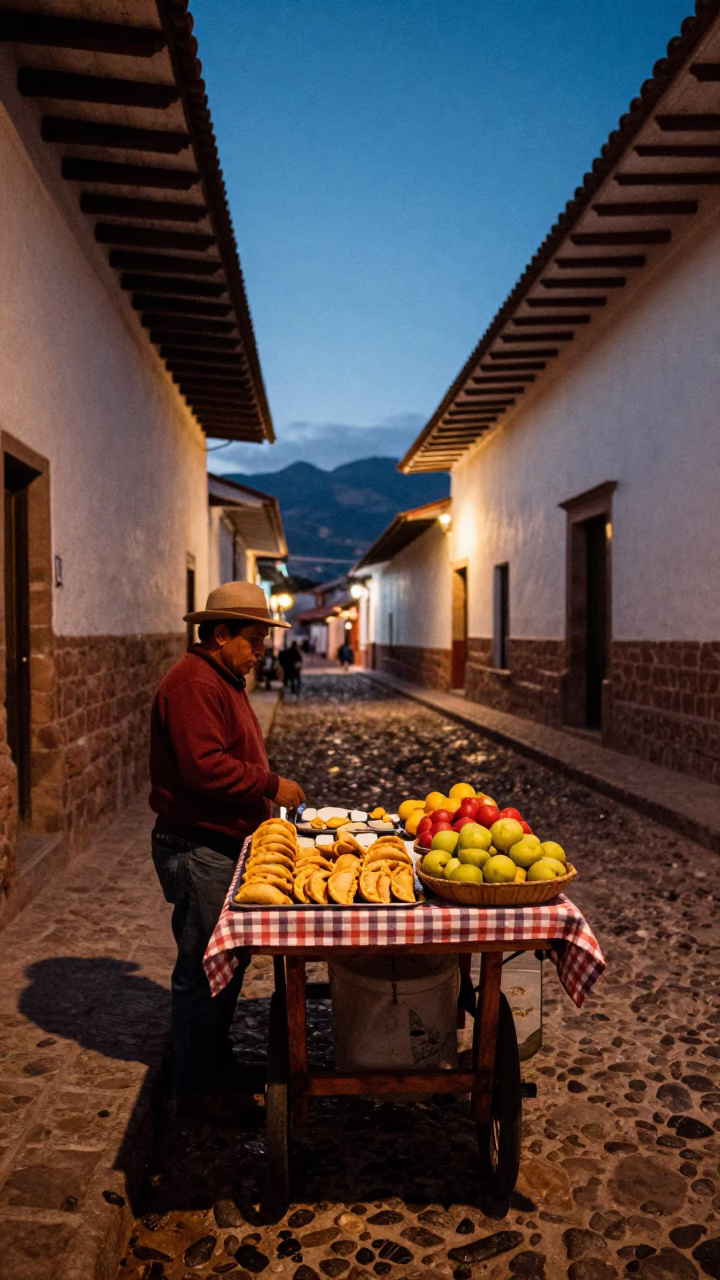 Twilight Street Scene in Cusco Peru with Traditional Pastries and Fruit Knife in in Cusco, Peru