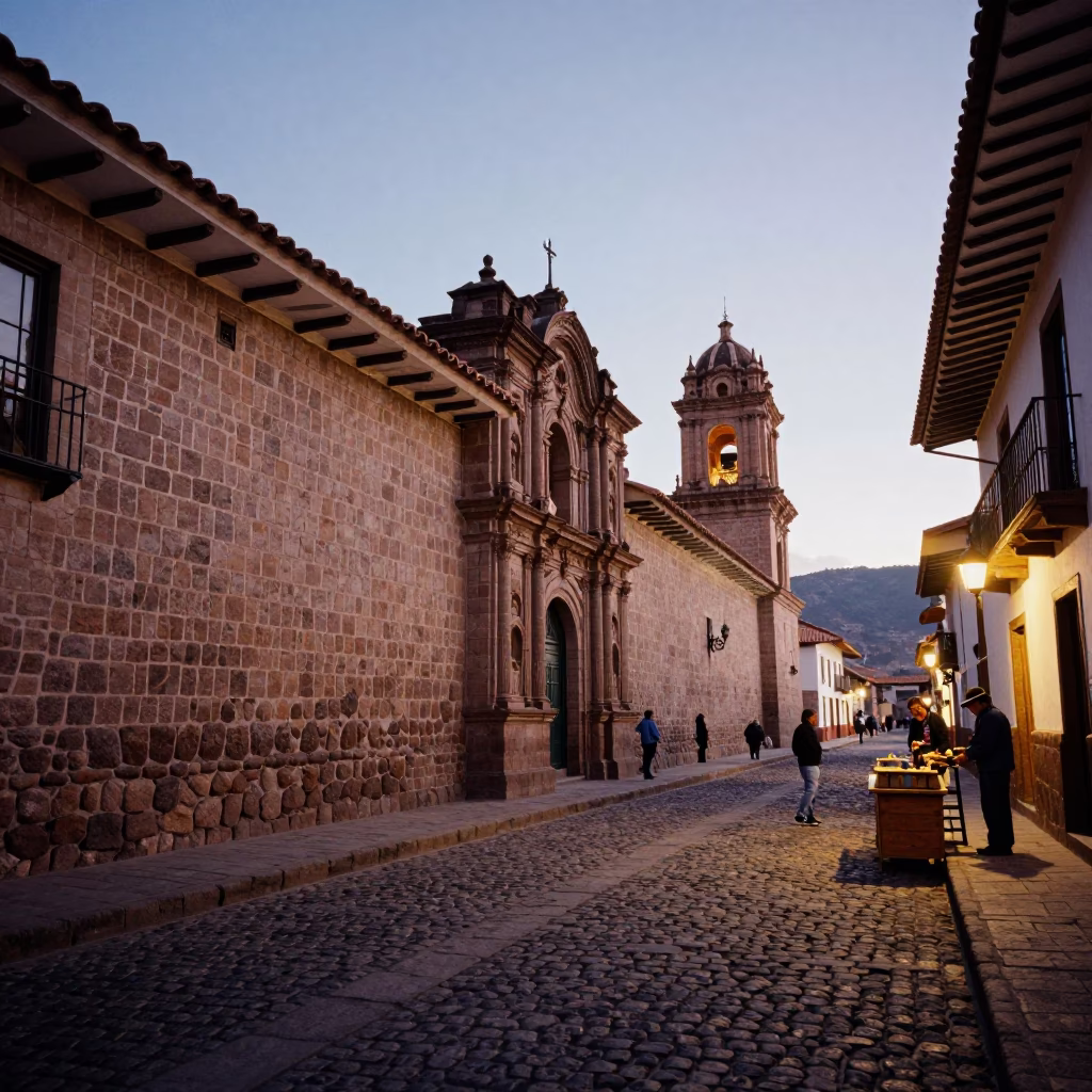 Twilight Street Scene in Cusco Peru with Traditional Stone Architecture and Local Commerce in in Cusco, Peru