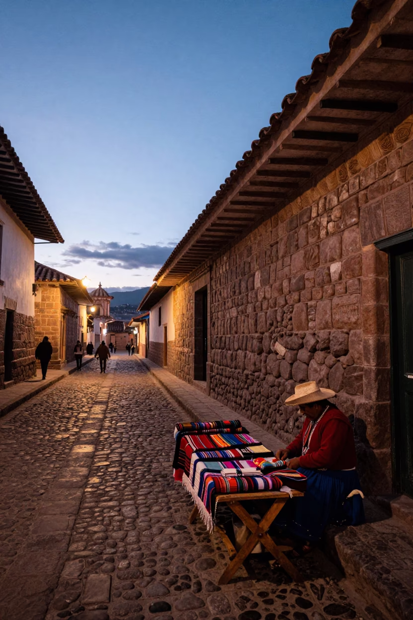 Twilight Street Scene in Cusco Peru with Traditional Stone Architecture and Local Market Activity in in Cusco, Peru