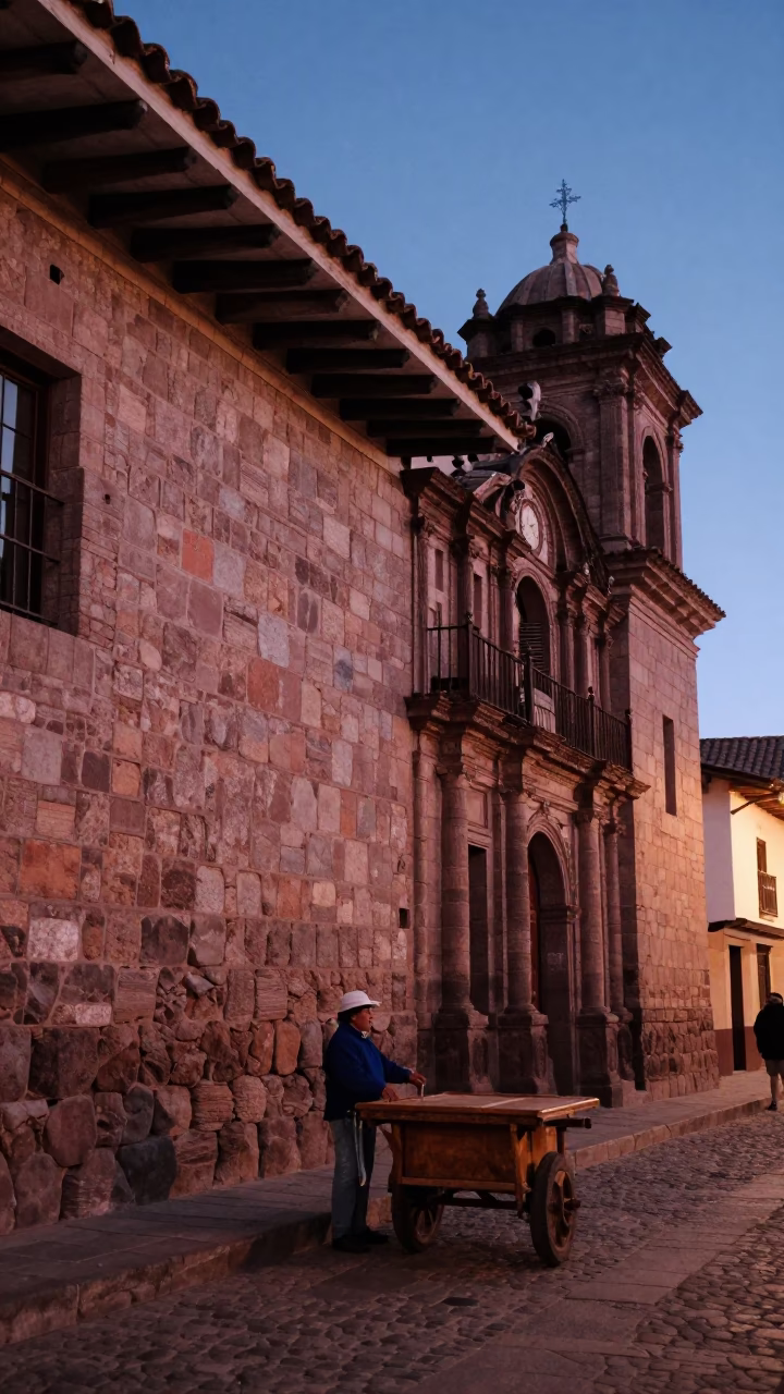 Twilight street scene in Cusco Peru with traditional stone architecture and local vendors in in Cusco, Peru