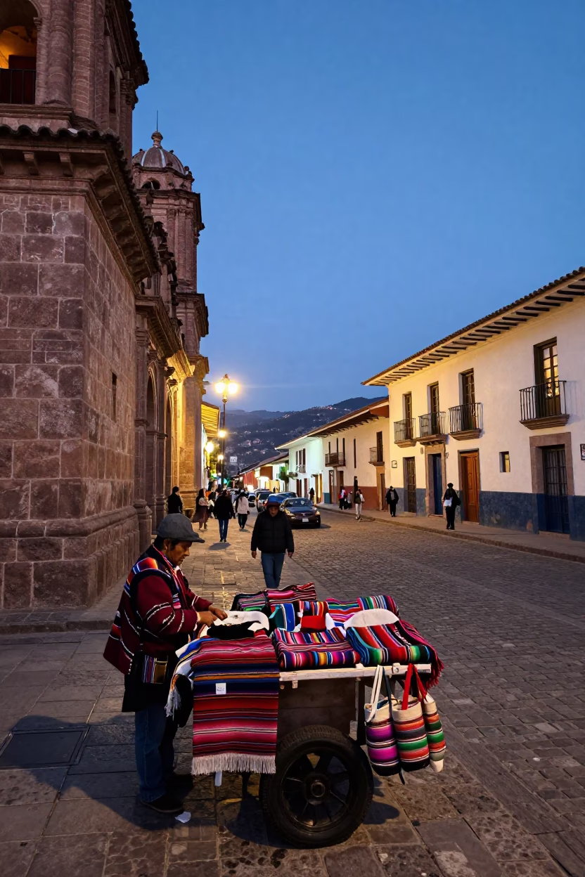 Twilight Street Scene in Cusco Peru with Traditional Textiles and Colonial Architecture in in Cusco, Peru