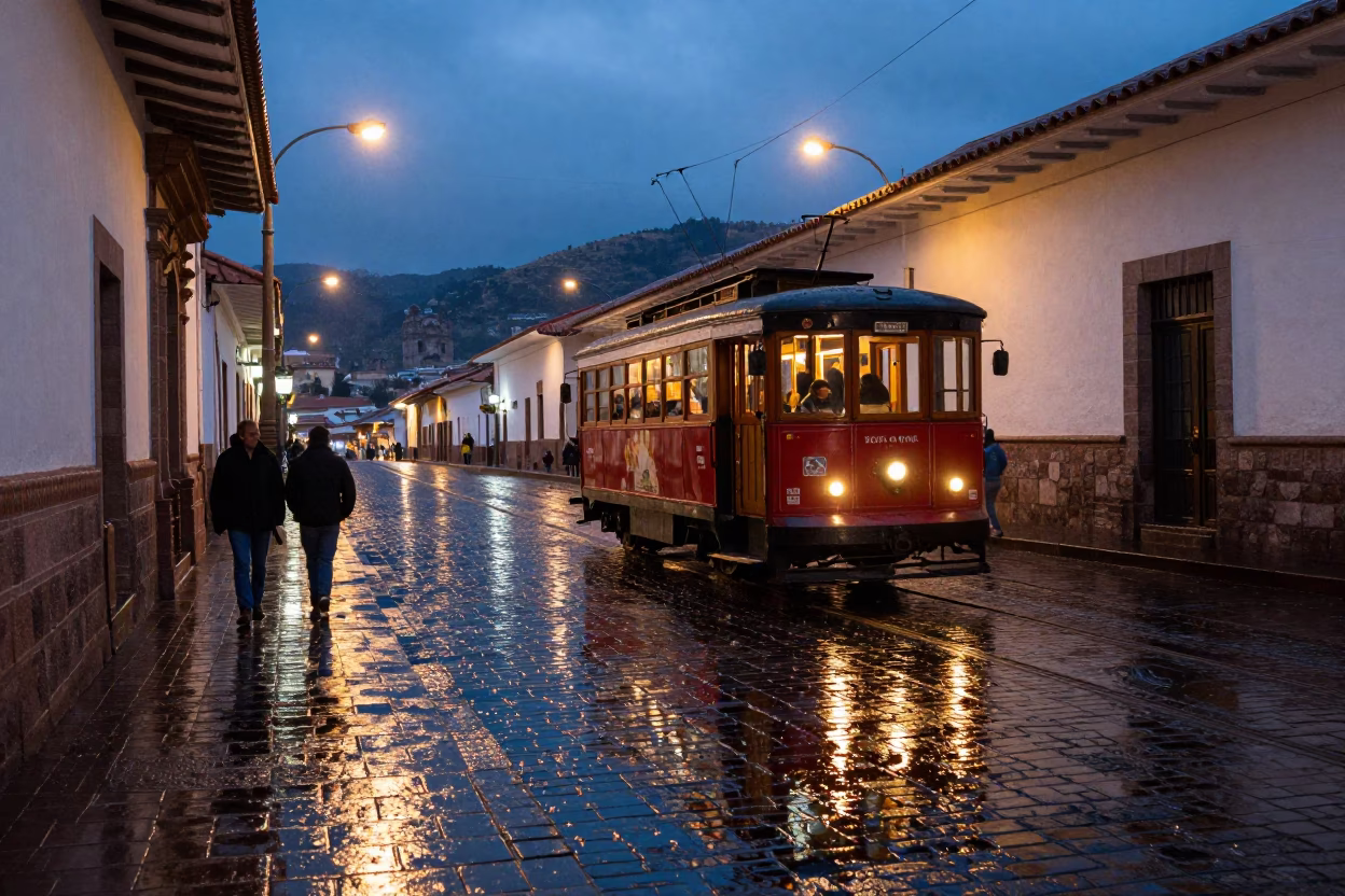 Twilight Street Scene in Cusco Peru with Tramcar Reflections on Cobblestones and City Lights in in Cusco, Peru