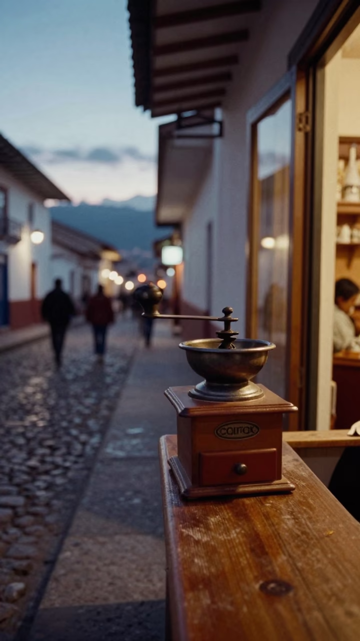 Twilight Street Scene in Cusco Peru with Vintage Coffee Grinder and Peg Rails in in Cusco, Peru