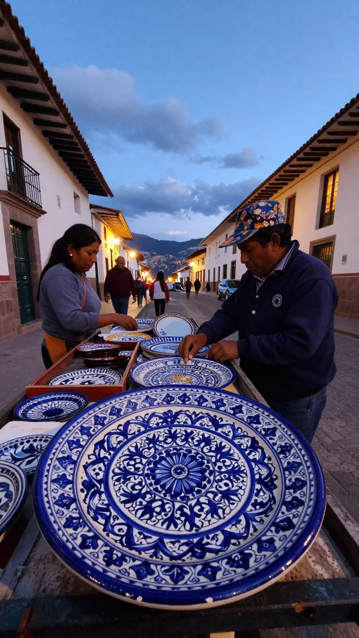 Twilight Street Scene in Cusco Peru with Vintage Majolica Plate and Rusty Metal Tray in in Cusco, Peru