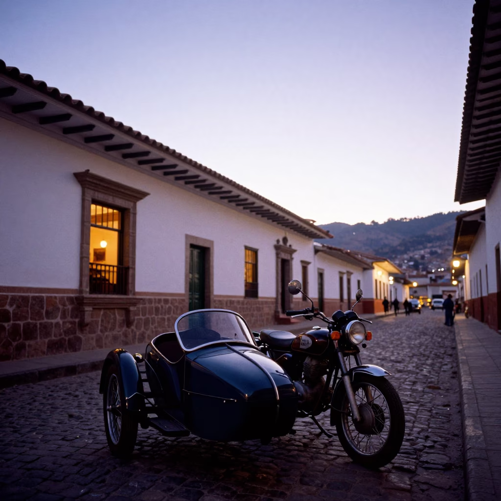 Twilight Street Scene in Cusco Peru with Vintage Motorcycle Sidecar and Stone Architecture in in Cusco, Peru