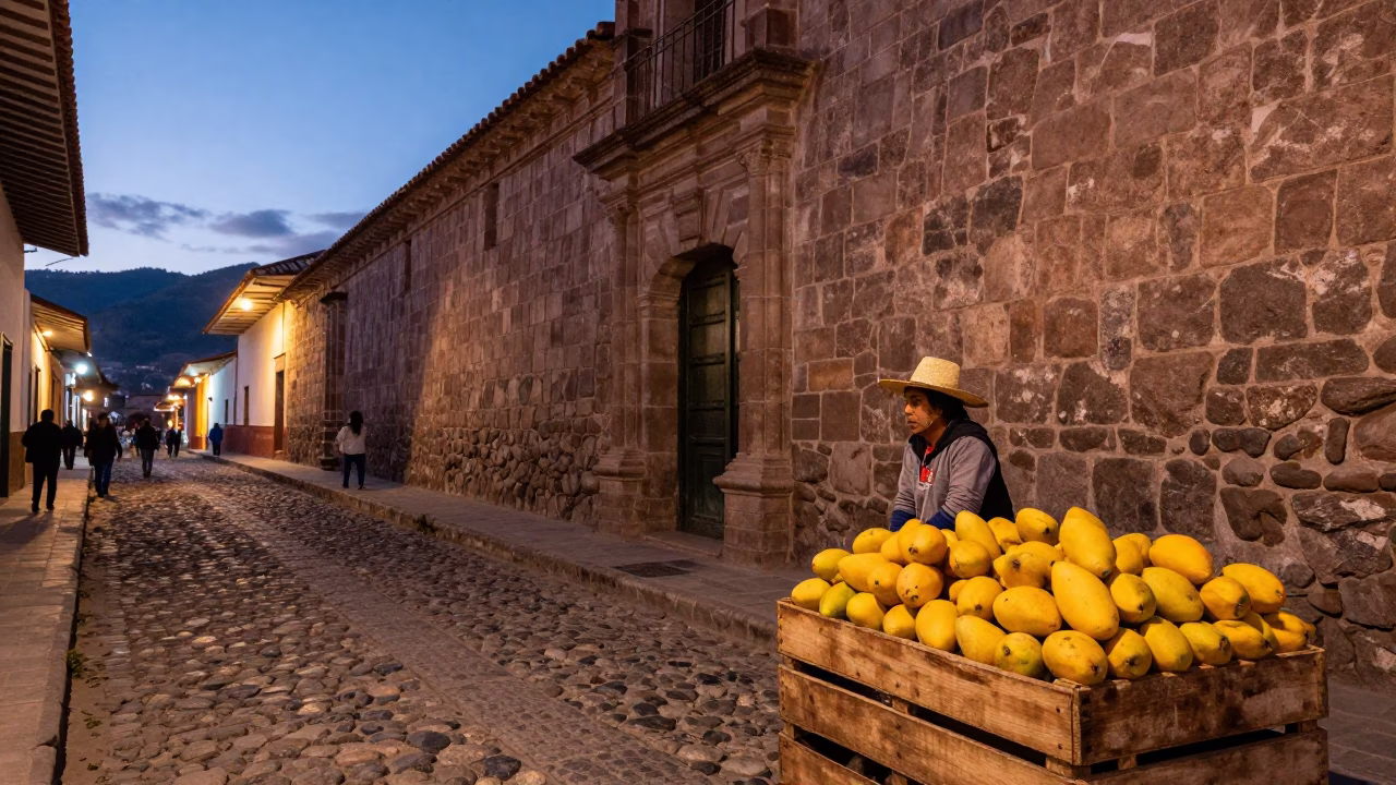 Twilight Street Scene in Cusco Peru With Yellow Mangoes And Traditional Market Life in in Cusco, Peru