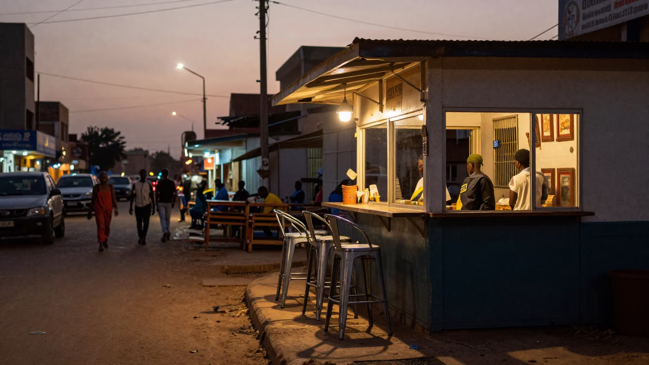 Twilight Street Scene in Dakar Senegal with Bar Stools and Urban Life in in Dakar, Senegal