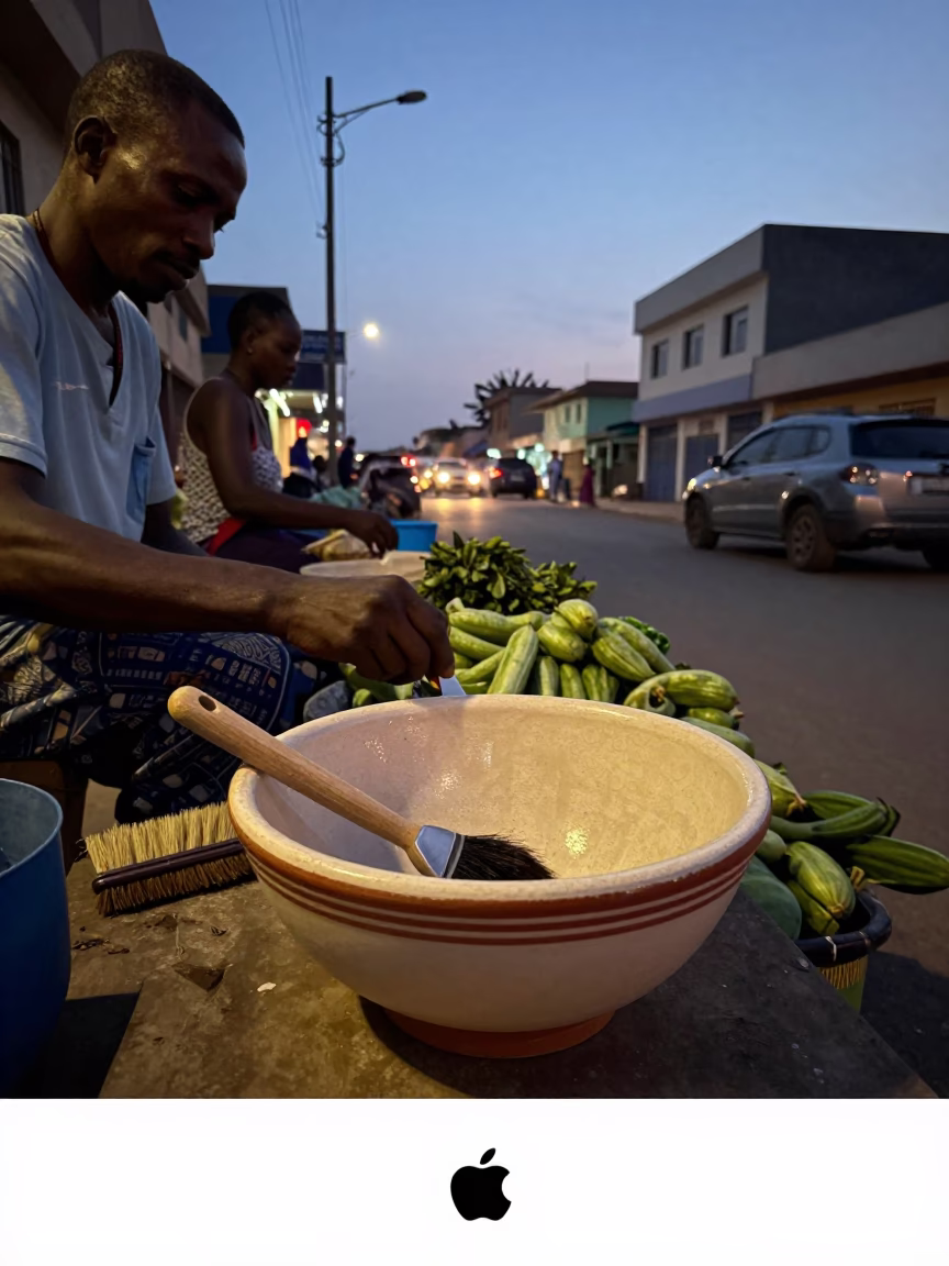 Twilight Street Scene in Dakar Senegal with Ceramic Bowl and Brush in in Dakar, Senegal