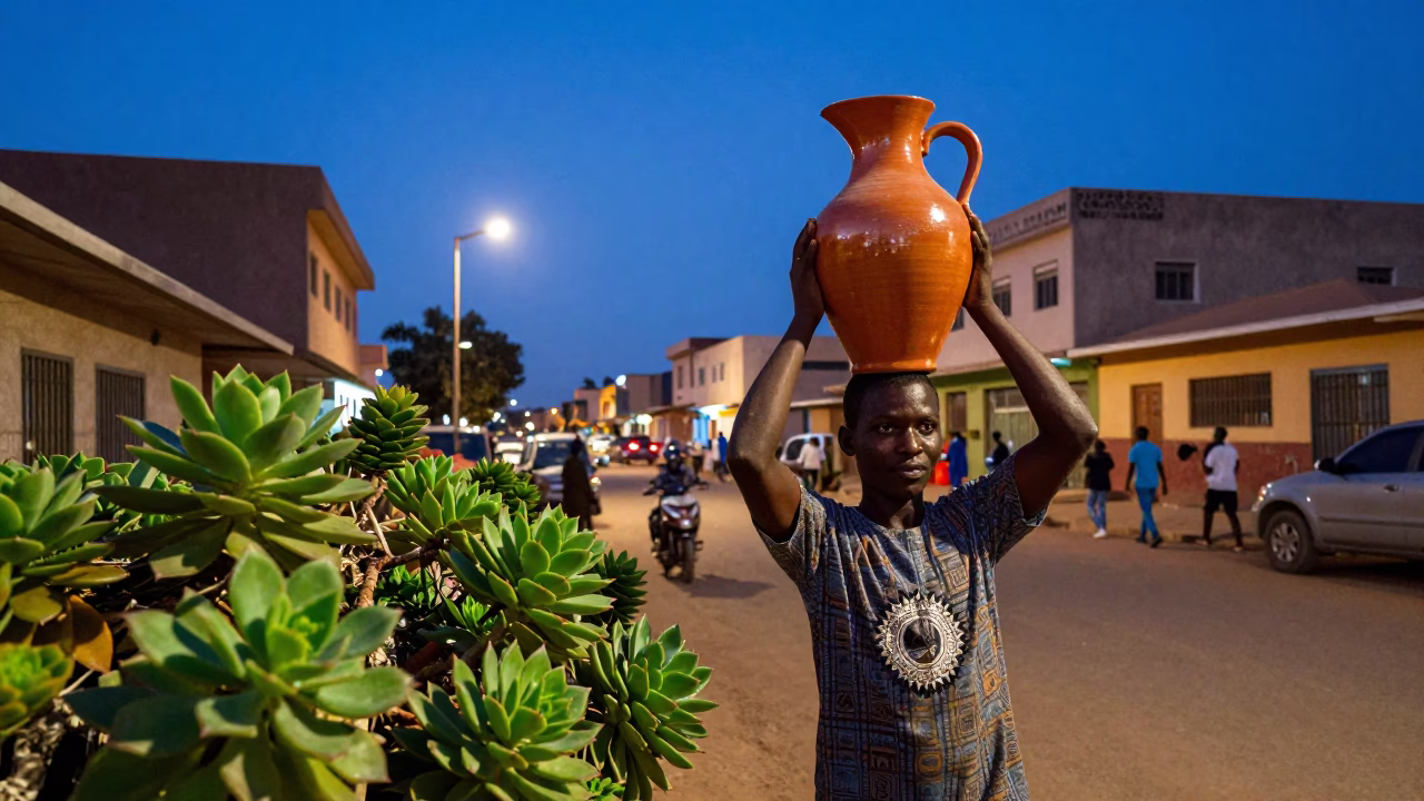Twilight Street Scene in Dakar Senegal with Ceramic Pitcher and Succulent Wall in in Dakar, Senegal