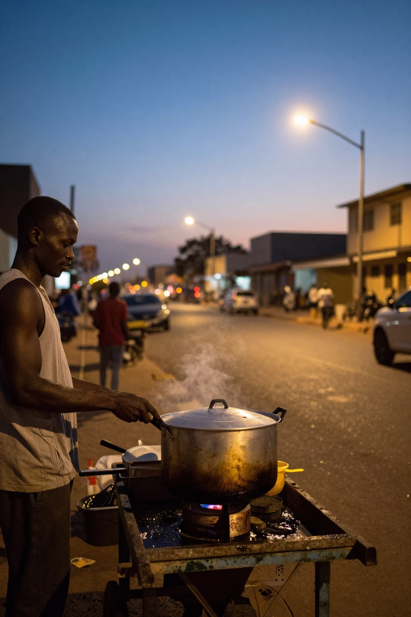 Twilight Street Scene in Dakar Senegal with Cooking Pot and Grease Sheen in in Dakar, Senegal