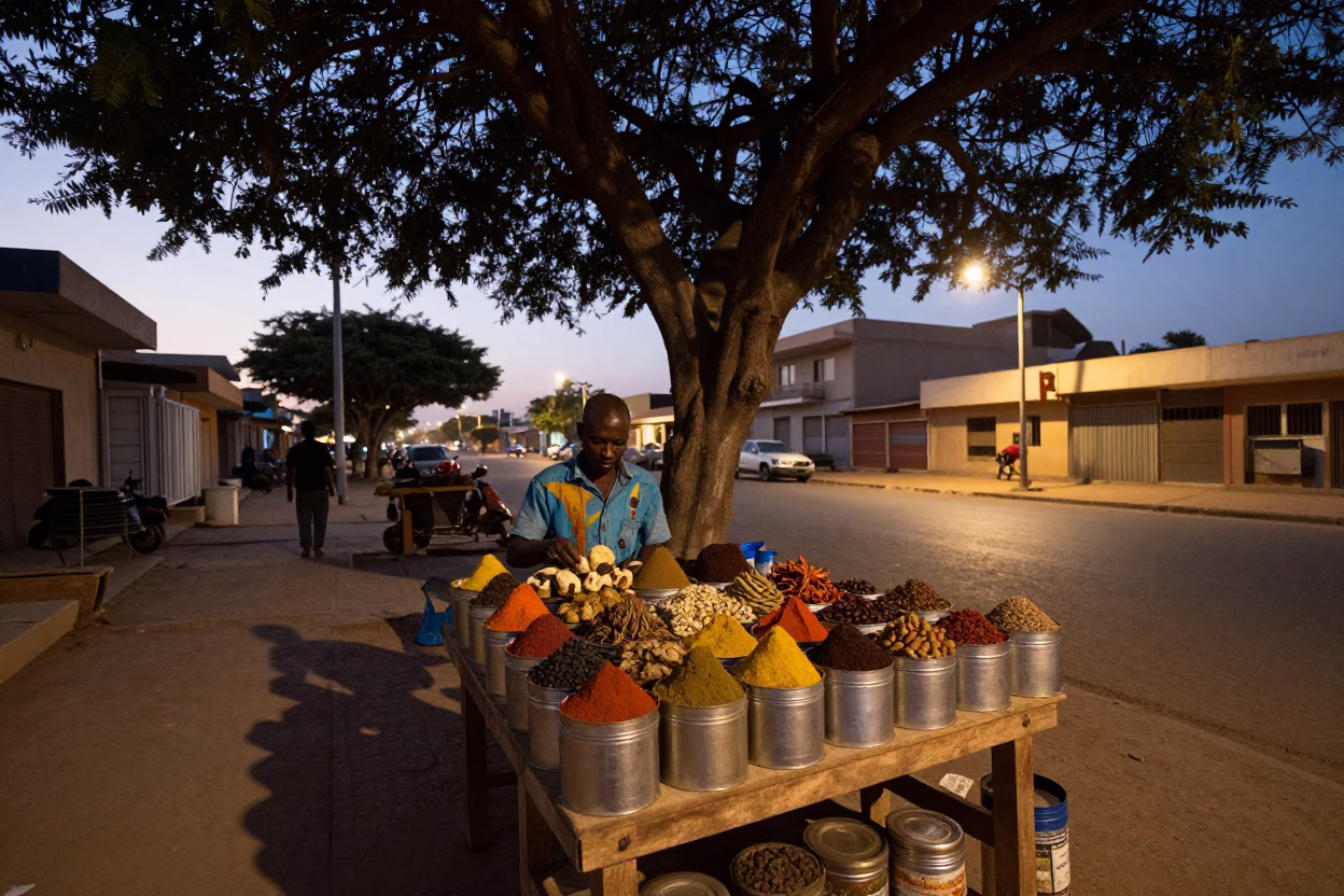 Twilight Street Scene in Dakar Senegal with Fig Tree and Spice Tins in in Dakar, Senegal