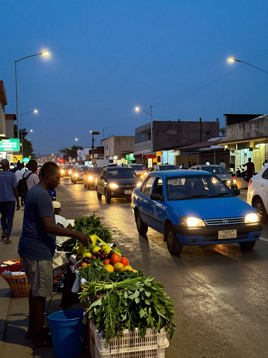 Twilight street scene in Dakar Senegal with fruit vendor and bustling traffic in in Dakar, Senegal