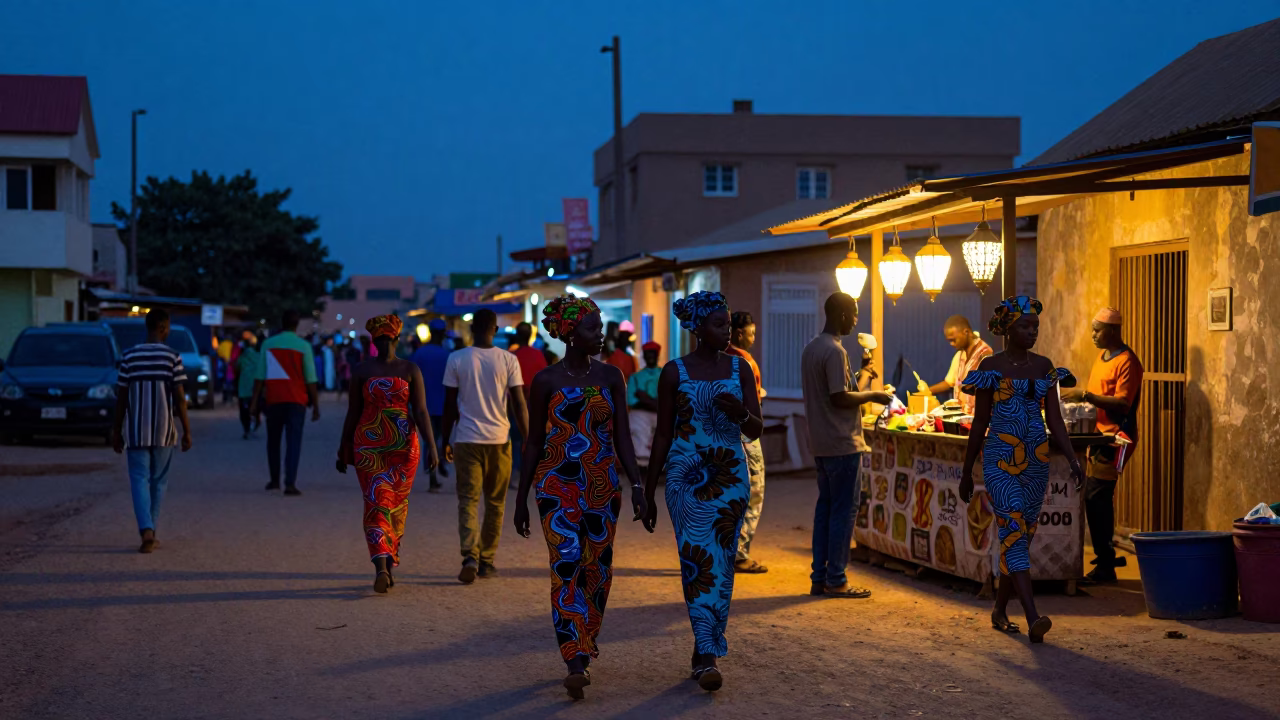 Twilight Street Scene in Dakar Senegal with Lantern and Colorful Fashion in in Dakar, Senegal