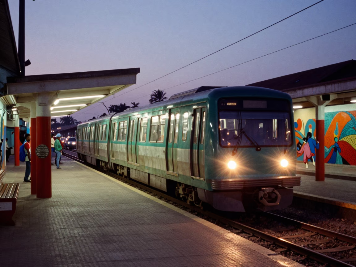 Twilight street scene in Dakar Senegal with metro train and local life in in Dakar, Senegal