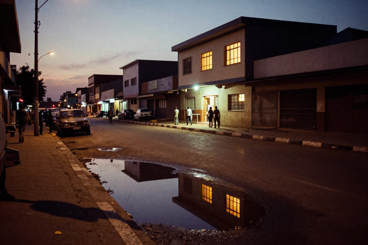 Twilight Street Scene in Dakar Senegal with Puddle Reflections and Local Commerce in in Dakar, Senegal