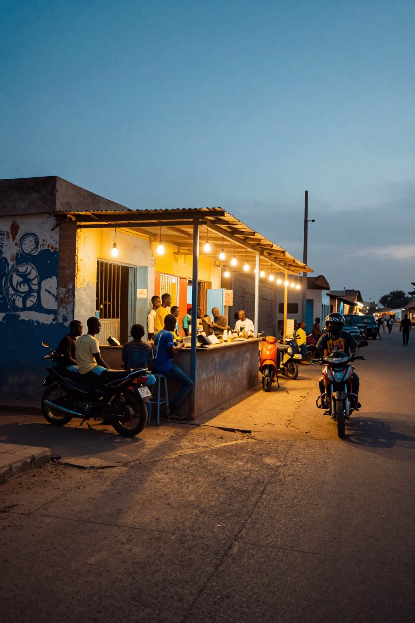 Twilight Street Scene in Dakar Senegal with String Lights and Motorcycle in in Dakar, Senegal