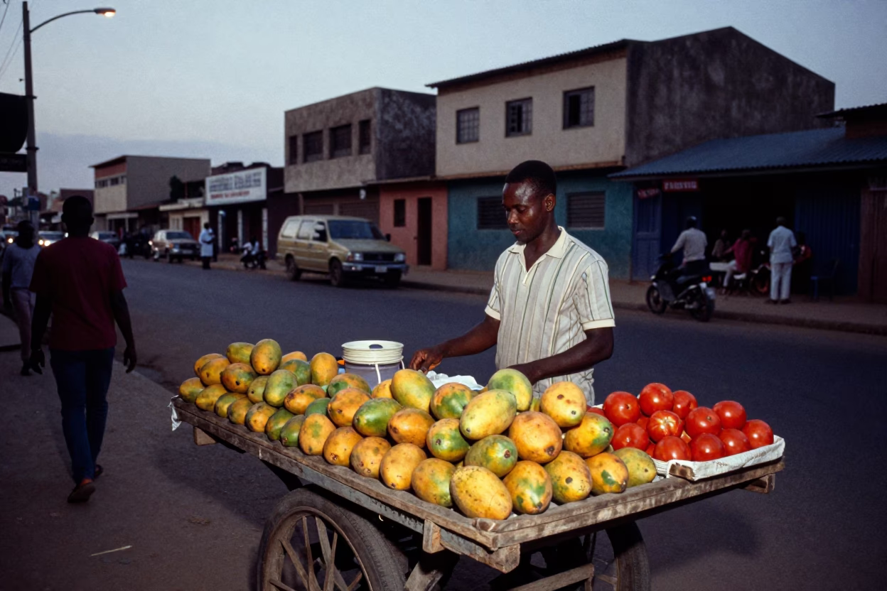 Twilight street scene in Dakar Senegal with vendor and local life in in Dakar, Senegal