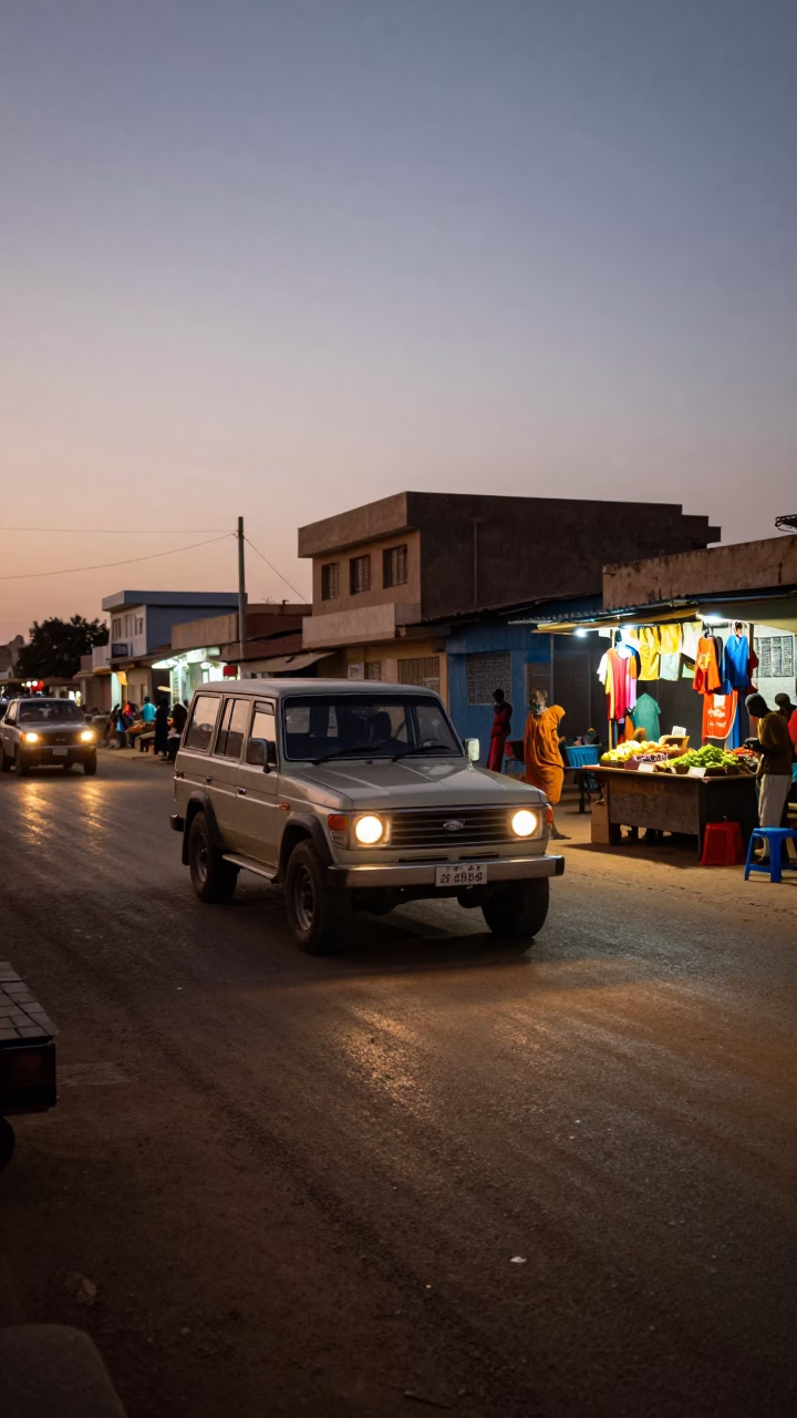 Twilight Street Scene in Dakar Senegal with Vintage SUV and Local Commerce in in Dakar, Senegal