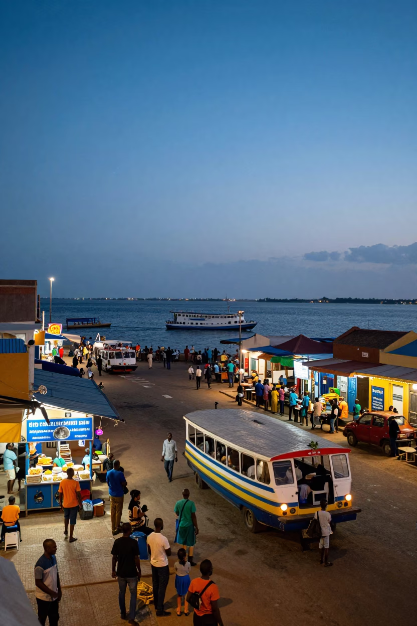 Twilight Street Scene in Dakar Senegal with Water Taxi and Local Life in in Dakar, Senegal