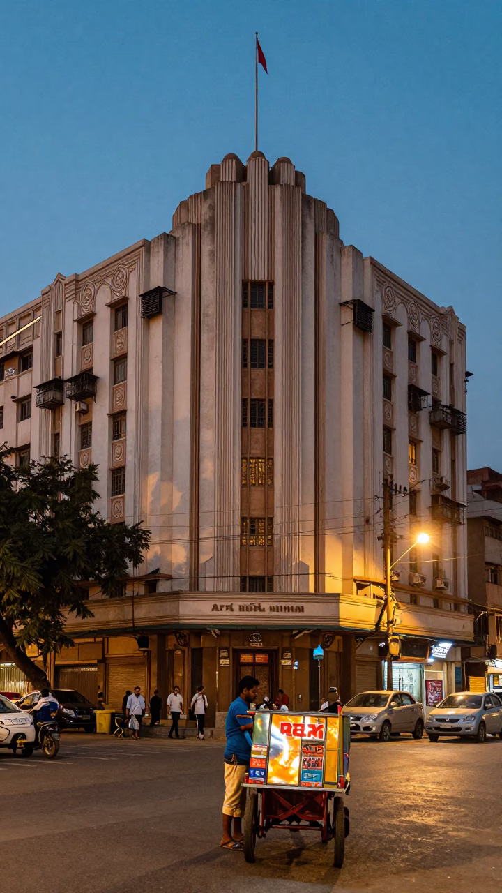 Twilight Street Scene in Delhi India with Art Deco Hotel Facade and Hammered Metal in in Delhi, India
