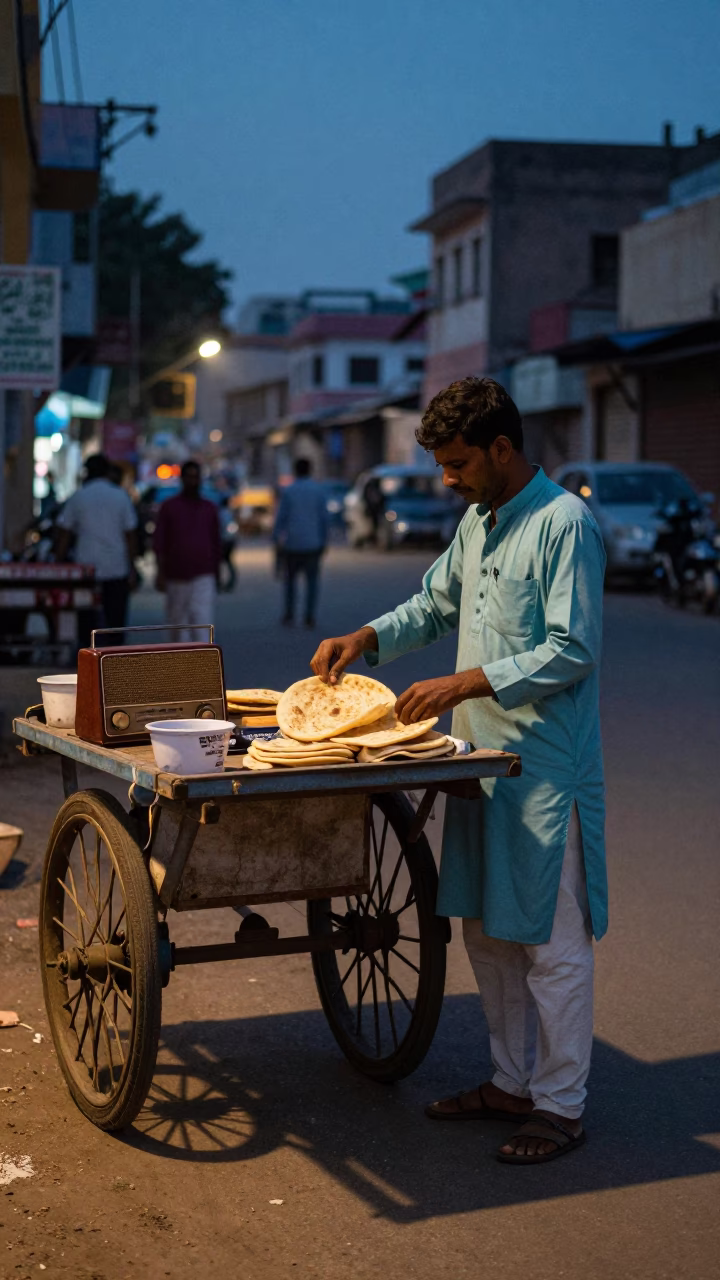 Twilight street scene in Delhi India with baker and vintage radio in in Delhi, India