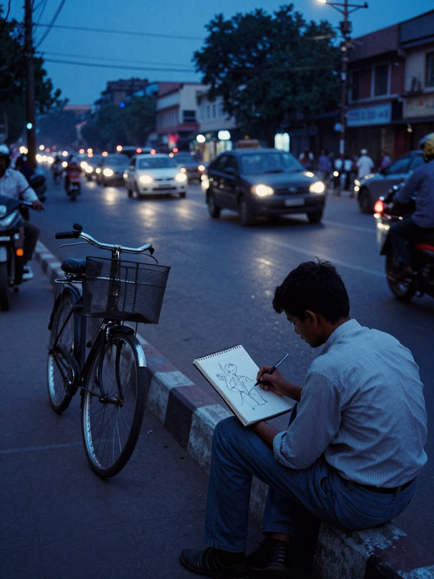 Twilight Street Scene in Delhi India with Bicycle Basket and Sketchbook in in Delhi, India
