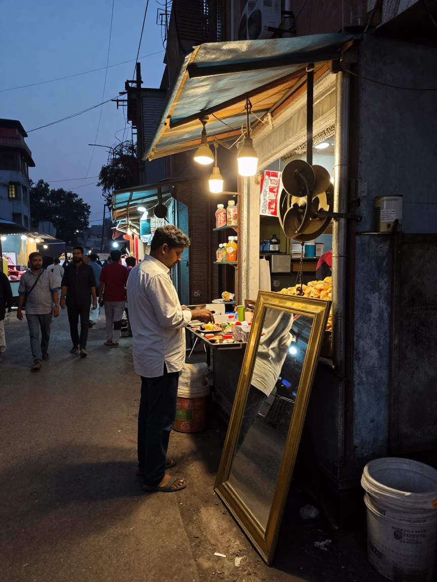 Twilight Street Scene in Delhi India with Brass Mirror and Pulley in in Delhi, India