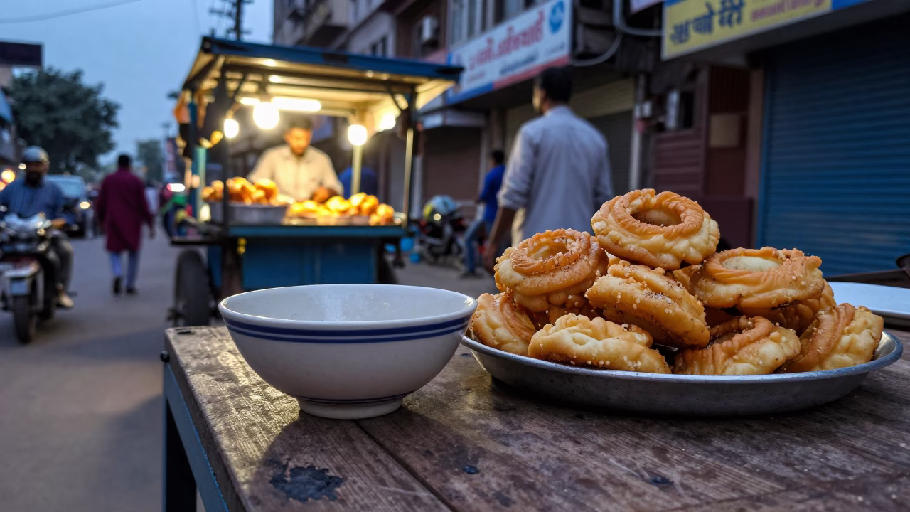 Twilight Street Scene in Delhi India with Ceramic Bowl and Mandazi Tray in in Delhi, India