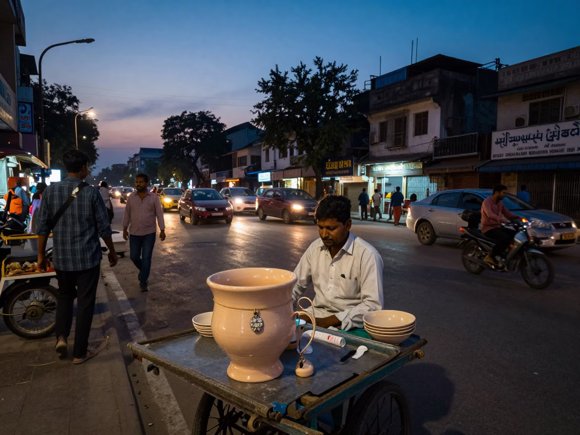 Twilight Street Scene in Delhi India with Ceramic Cup and Amulet in in Delhi, India