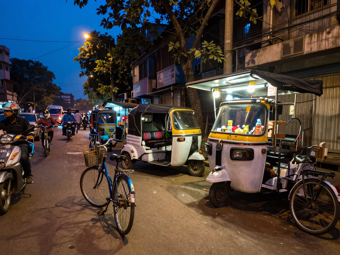 Twilight Street Scene in Delhi India with Colorful Bicycles and Local Commerce in in Delhi, India