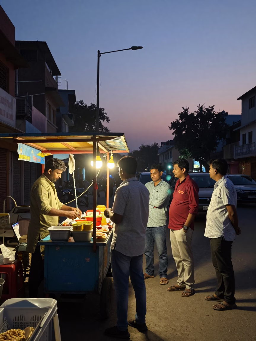 Twilight street scene in Delhi India with food vendor and traditional attire in in Delhi, India