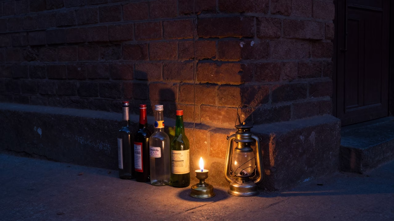 Twilight Street Scene in Delhi India with Oil Lamp and Glass Bottles in in Delhi, India