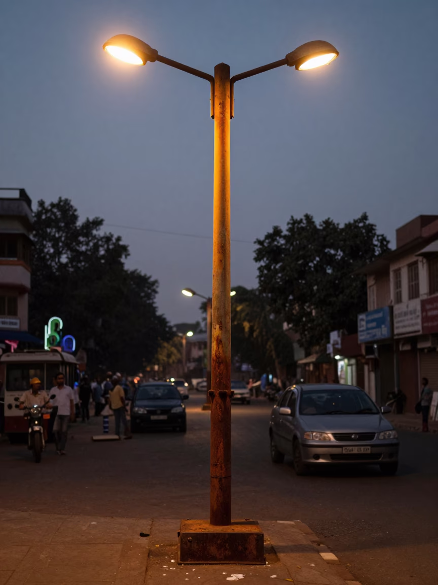 Twilight Street Scene in Delhi India with Rusty Lamp and Soap Residue Details in in Delhi, India
