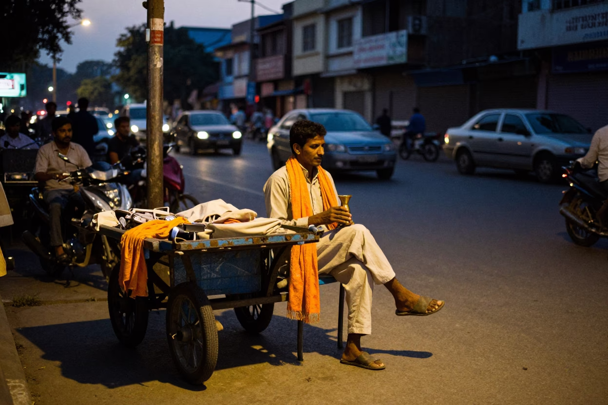 Twilight Street Scene in Delhi India with Scarf and Carafe in in Delhi, India