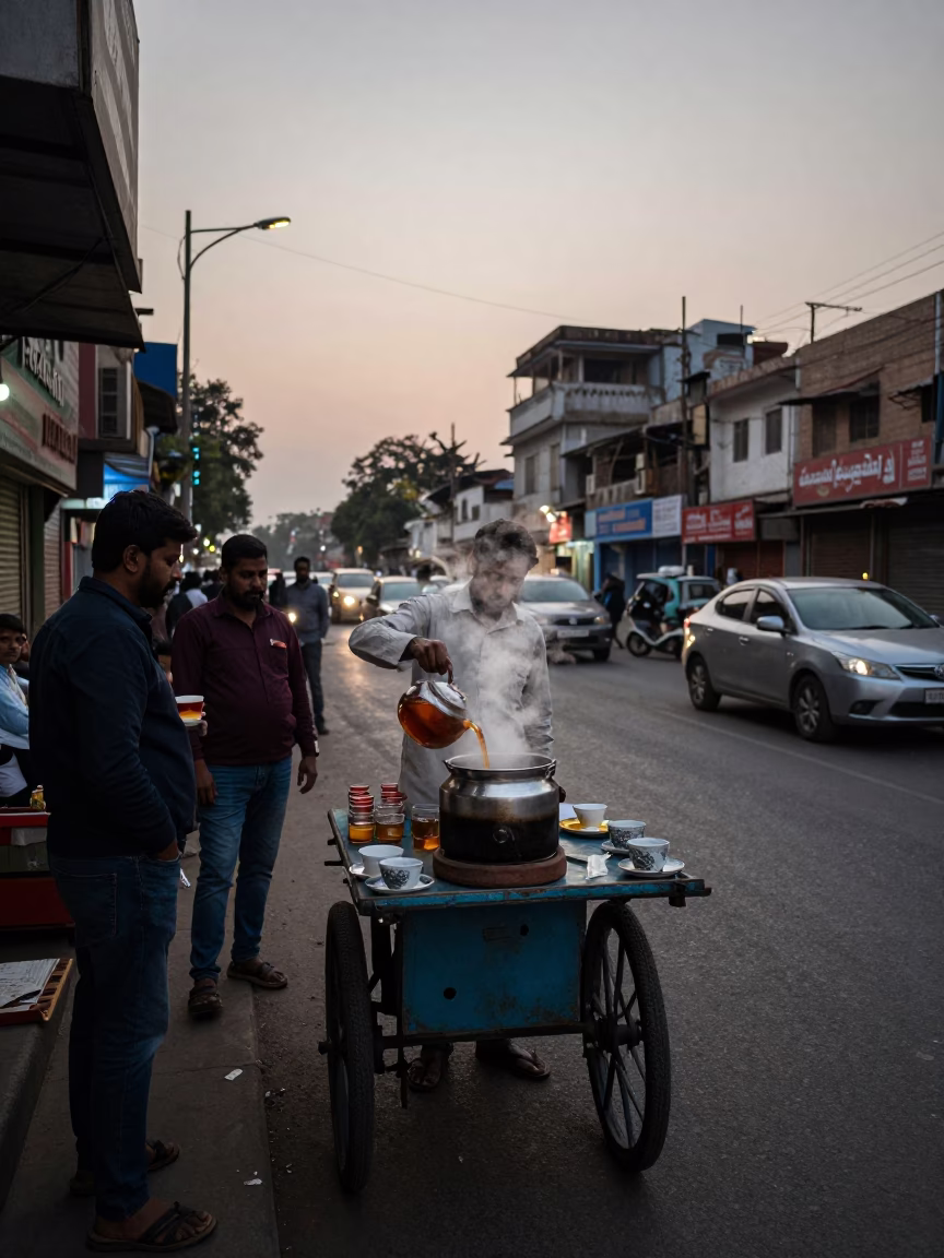 Twilight Street Scene in Delhi India with Teacups and Local Life in in Delhi, India
